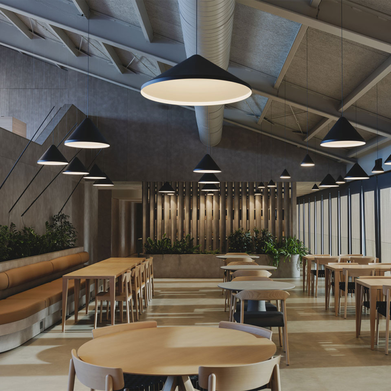 Architectural interior with layered lighting
