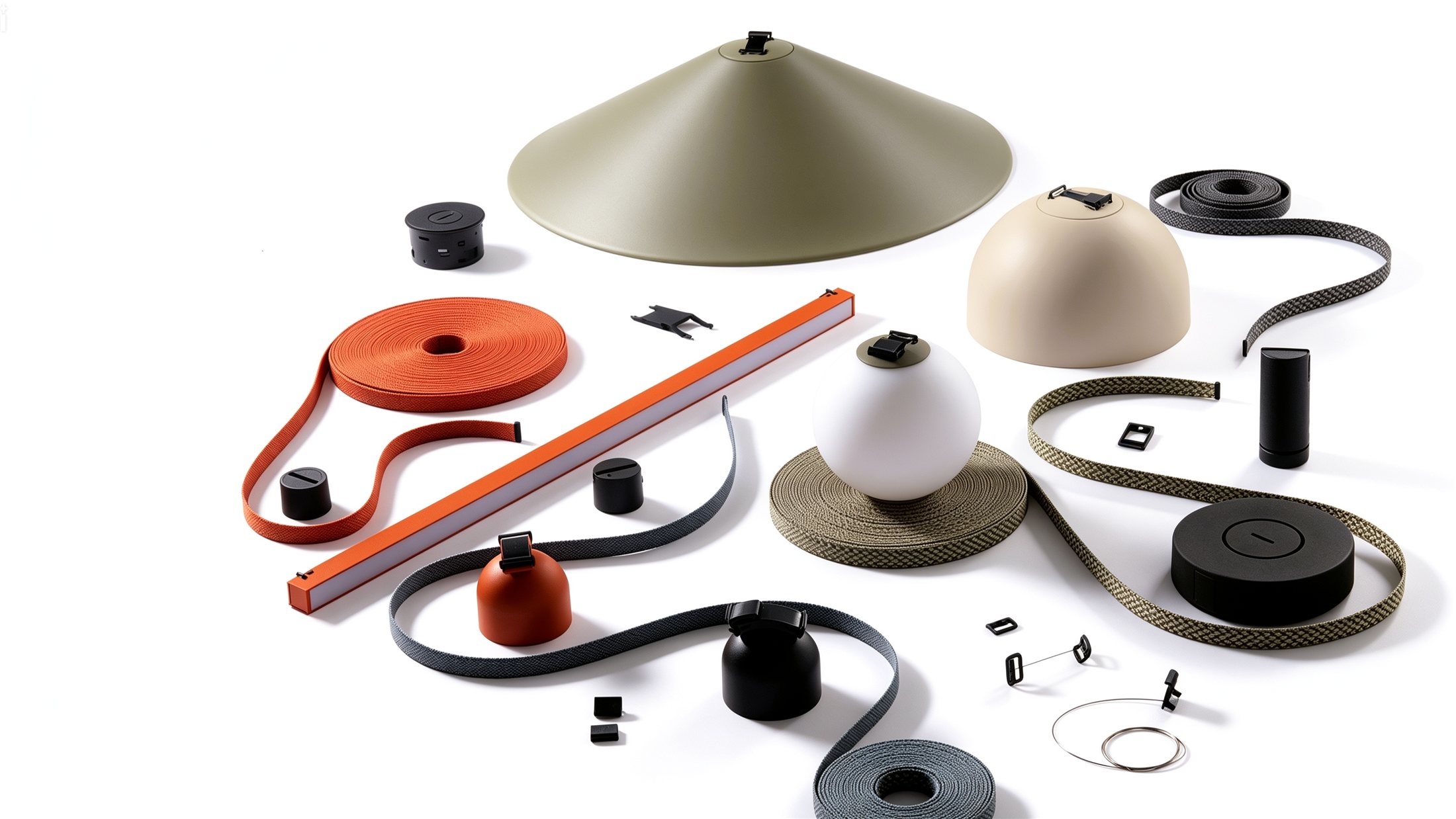 Flat lay of luminaire components including shades, diffusers, cables and drivers