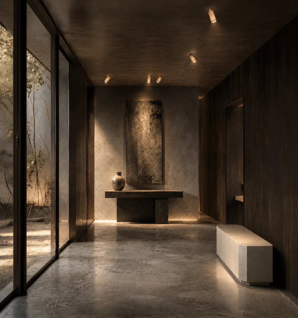 Private residence entry hall with discreet ceiling spots washing textured walls